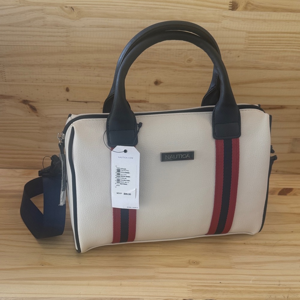 Nautica Cream Duffel Bag with Black and Red Stripes